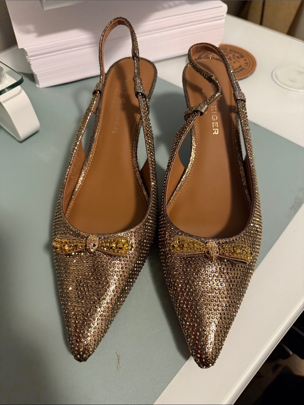 Kurt Geiger Gold Slingback Pointed-Toe Flats